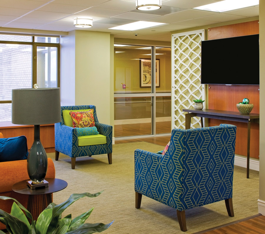 Aptura designed lobby area at Texas Health Presbyterian Hospital with Maxwell Thomas furniture